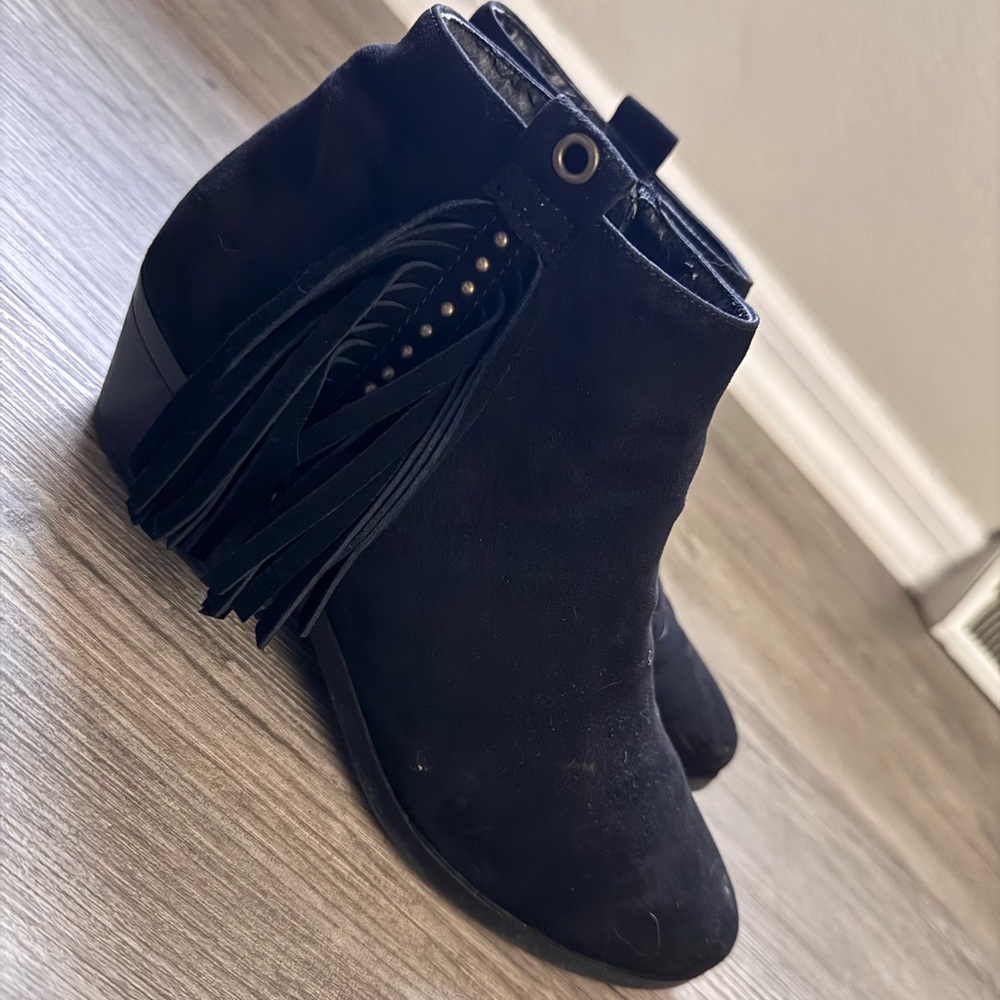 Call It Spring Black Suede Ankle Boots Fringe Low Heel Cowgirl Booties Brass